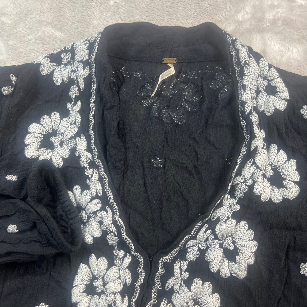 Free People Womens S Midi Dress Black White Embroidered Fable Floral Long Sleeve